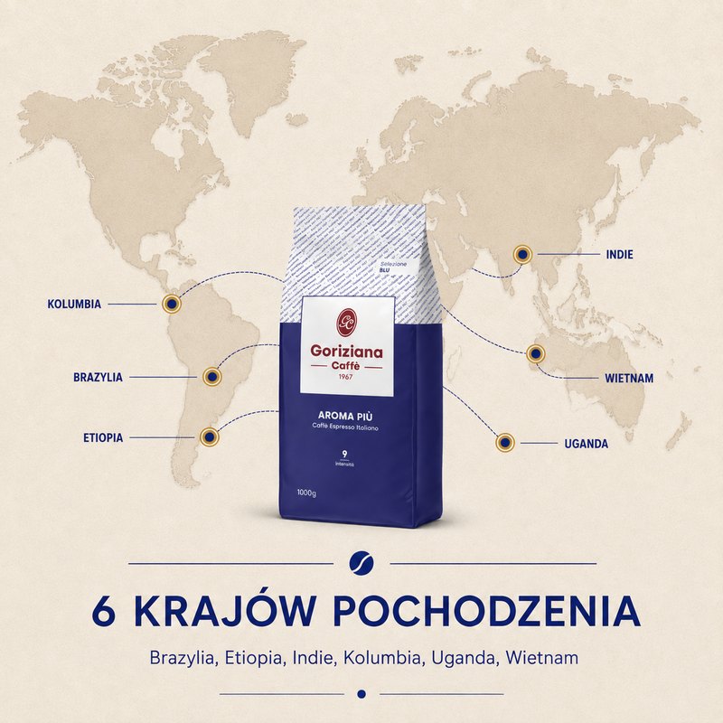 6 krajów pochodzenia: Brazylia, Etiopia, Indie, Kolumbia, Uganda, Wietnam